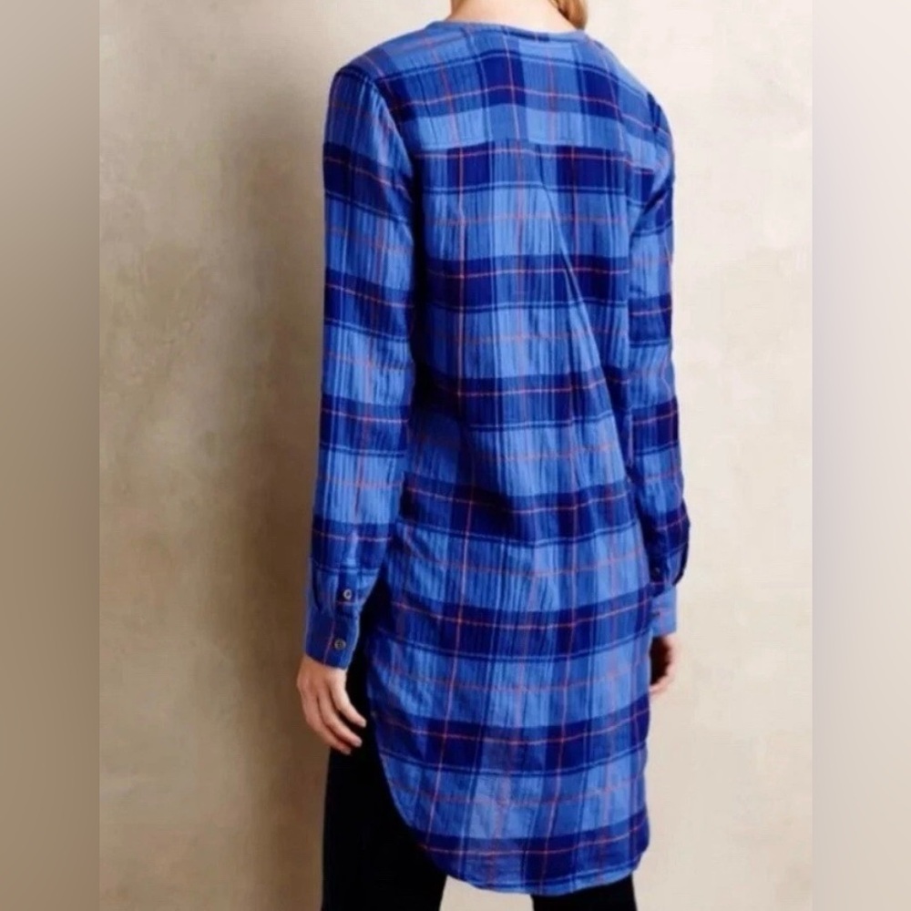Holding Horses Anthropologie Hi Low Tunic Shirt Plaid Button Purple Blue Sz S